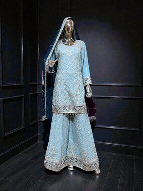Georgette Russian Plazo Dress, Cultural Wear for Women